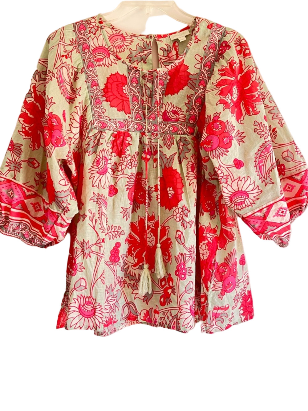 Jennifer Grace Womens M Boho Floral Blouse Tie-Front Ballon 3/4 Sleeves Cotton
